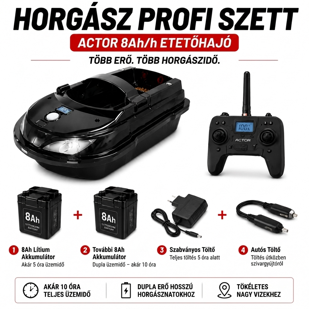 Távirányítós etetőhajó – 400m hatótáv, 8Ah akkumulátor, dupla kamra a precíz horgászathoz