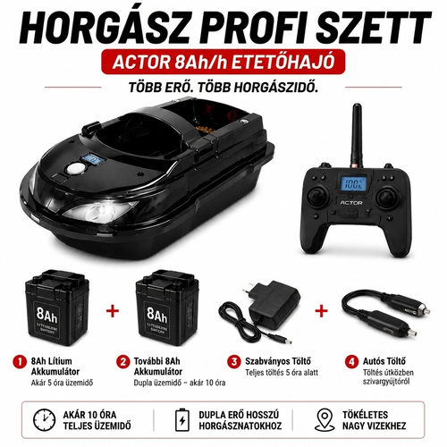 Távirányítós etetőhajó – 400m hatótáv, 8Ah akkumulátor, dupla kamra a precíz horgászathoz