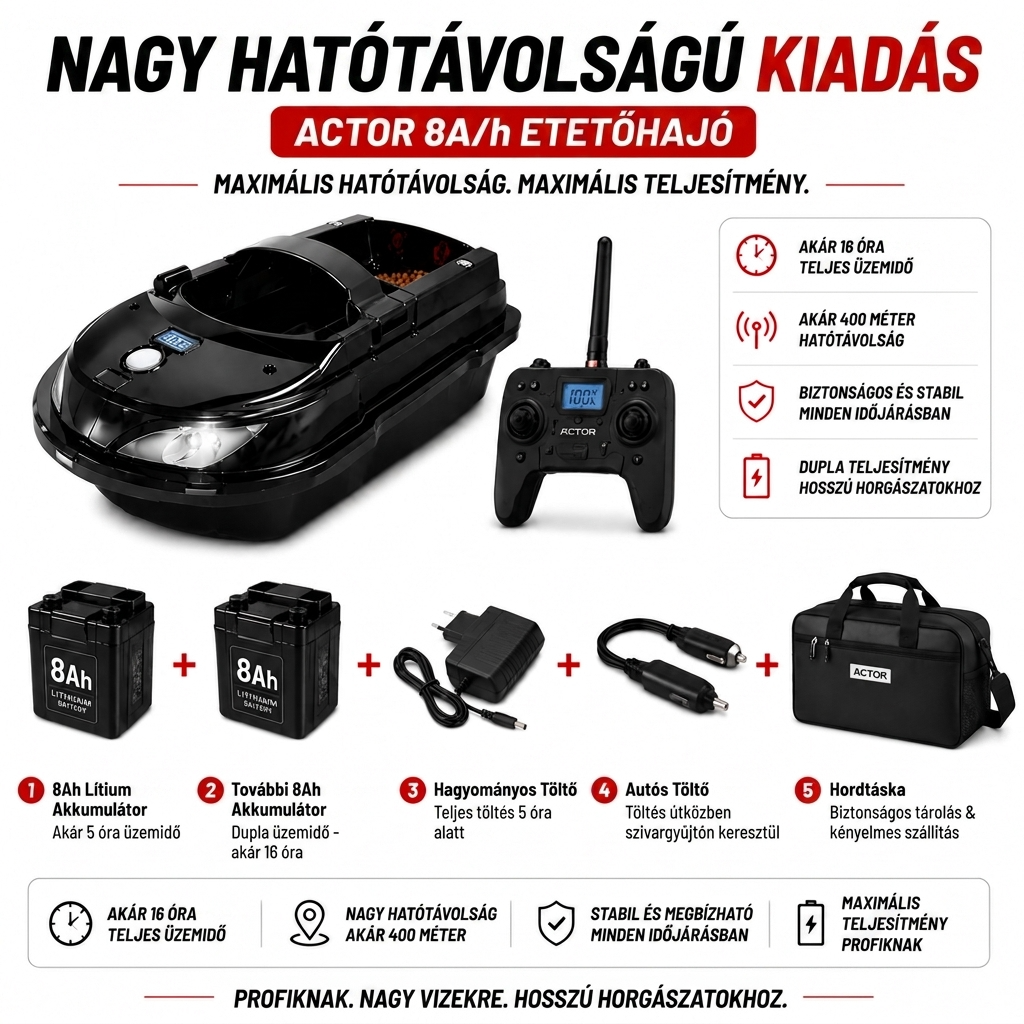 Távirányítós etetőhajó – 400m hatótáv, 8Ah akkumulátor, dupla kamra a precíz horgászathoz