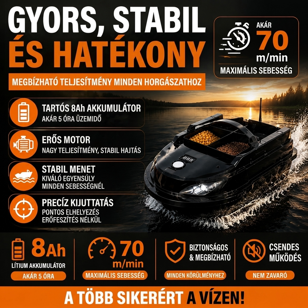 Távirányítós etetőhajó – 400m hatótáv, 8Ah akkumulátor, dupla kamra a precíz horgászathoz