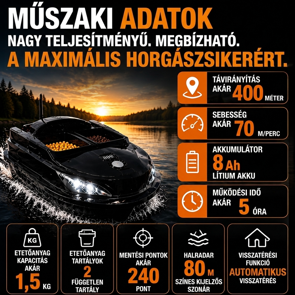 Távirányítós etetőhajó – 400m hatótáv, 8Ah akkumulátor, dupla kamra a precíz horgászathoz